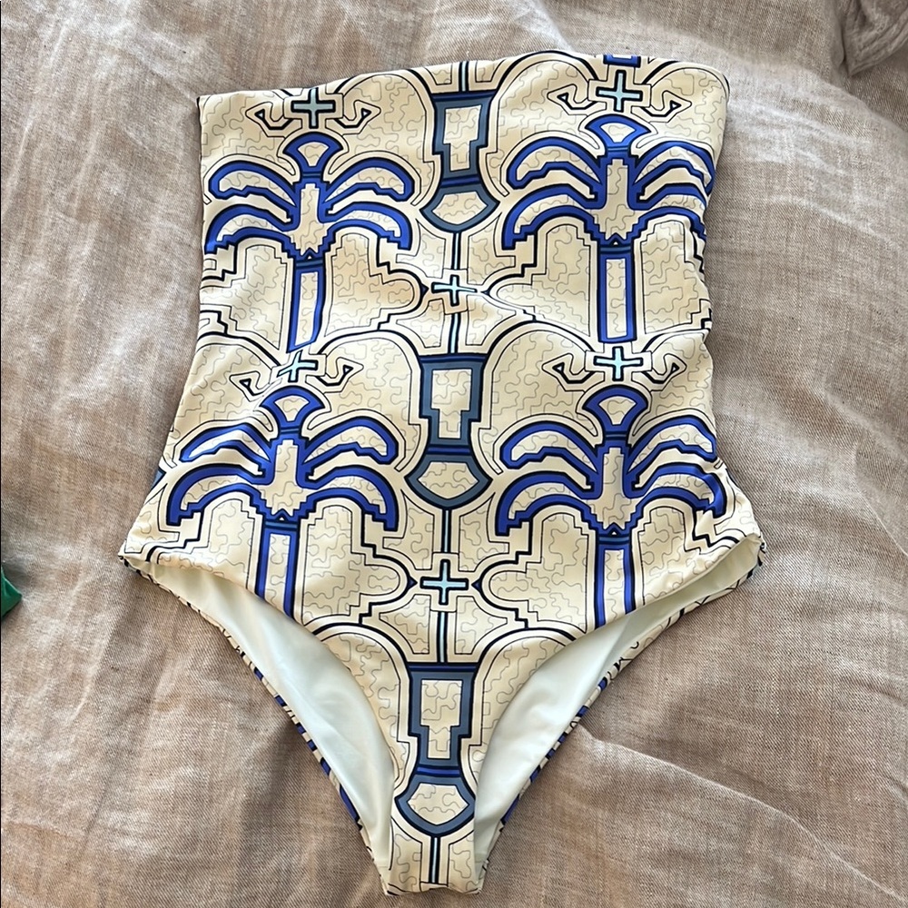 Johanna Ortiz Geometric Blue and Cream One-Piece Swimsuit